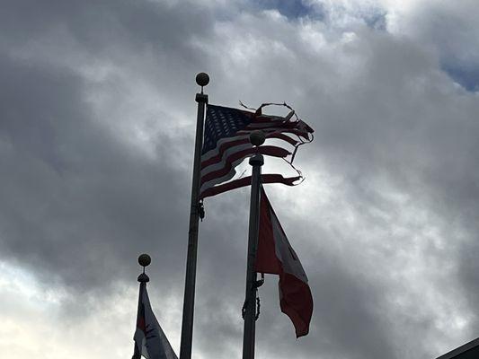 The American flag in front of the Olympic View Arena.