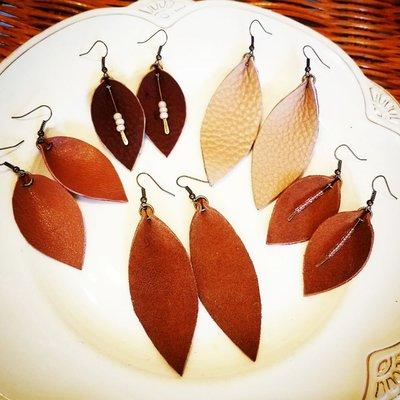 Leather earrings, handmade in shop.