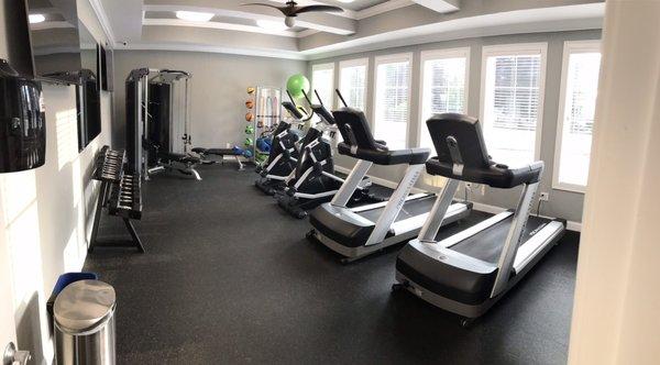 Bayside's gym includes two treadmills, ellipticals, and racked weights