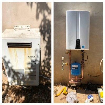 Tankless replacement before and after new navien tankless water heater with code upgrades.