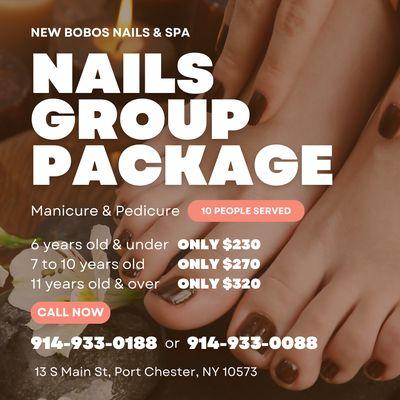 Manicure & Pedicure
10 People Served
6 years old & under ONLY $230
7 to 10 years old ONLY $270
11 years old & over $320