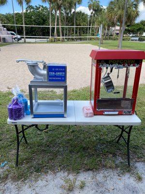 Popcorn machine. Sno cone machine.