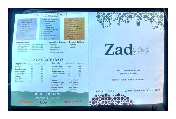 Menu . Zad by Pita Inn @ 3910 W Dempster St, Skokie, IL  Meditarían & Vegetarian Cuisine .Shawarma Kebabs Falafel Salads Desserts etc. Cool!