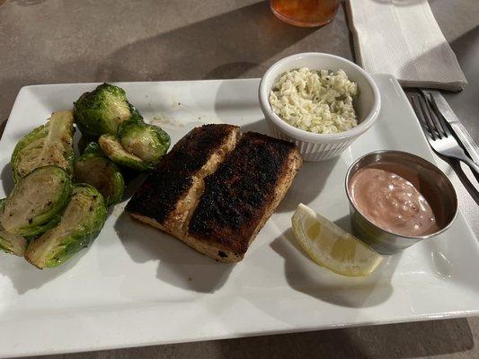 Mahi mahi with Brussels sprouts and coleslaw