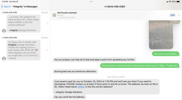 Text exchange prior to hiring IGS and their promise that their product will hide the cracks....