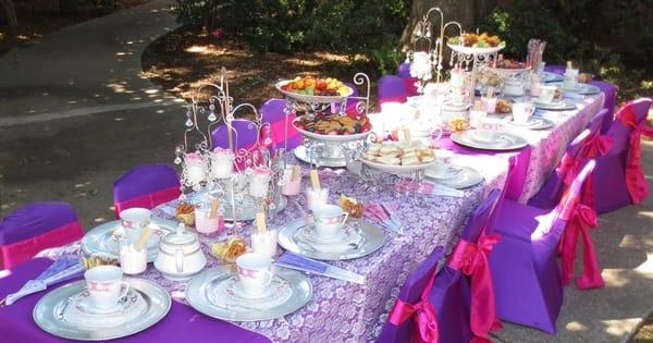 Tea party, princess theme birthday party table set up decoration ideas, centerpieces, supplies,  kids chair covers,