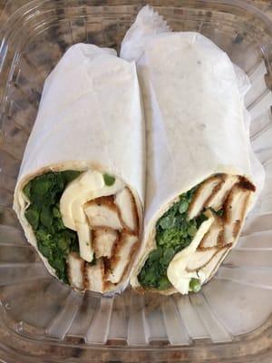 Chicken broccoli rabe and mozzarella on a wrap.