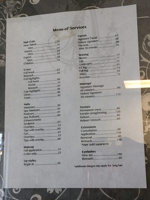 Menu of services