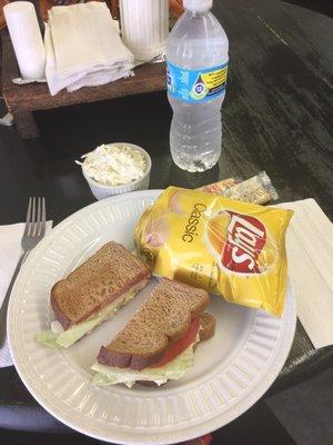 Chicken salad sandwich, chips and coleslaw