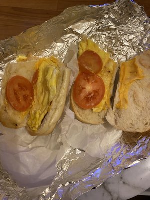 Barely cheese, 3 tomatoes slices and some type of eggs