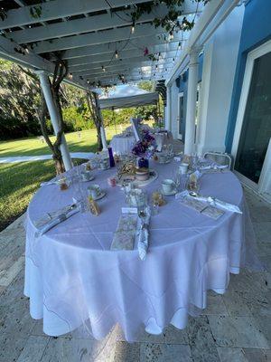 Millie's staff setup each table with center pieces, cups & glasses, share a memory, each name card and thank you gift for each individual.