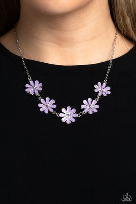 Silver Necklace Beautiful Purple Flowers 
So Fun The middle of these Flowers are silver not rhinestones so it makes a simpler necklace.