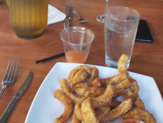 Strips of calamari were delicious......tiny $10 Sea Breeze made incorrectly was a disappointment..!