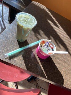 Matcha bubble tea and pistachio and cookies and cream yogurt. Yum!