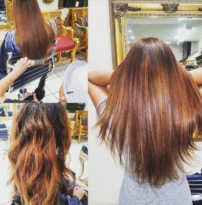 Hair styling process. From damaged hair to treated, made the color and highlights stand out instantly after blow dry.