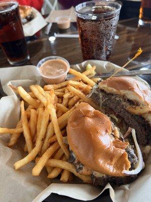 Mushroom Swiss burger and homemade root beer.