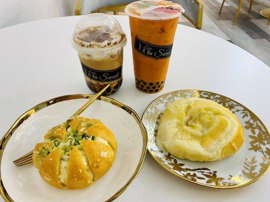 Boba tea and Thai tea with boba and savory and sweet pastries