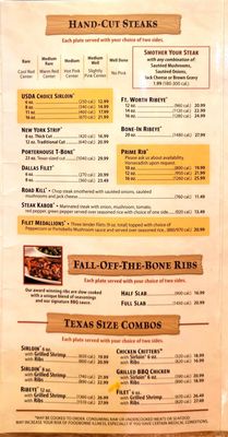 Steaks, ribs, and combos. The prices are incorrect. They have gone up.