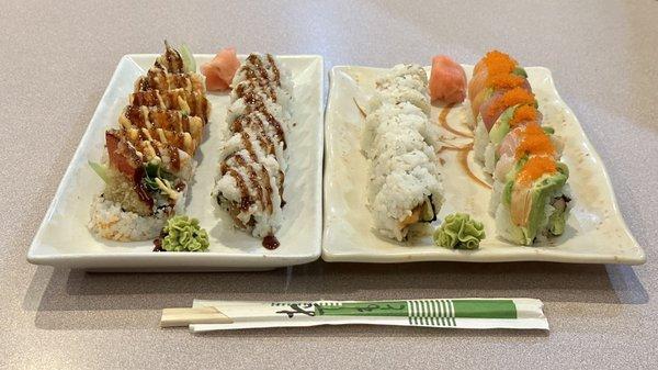 Lobster Tail Roll, Eel and Avocado Roll, Spicy Salmon Roll, & Rainbow Roll