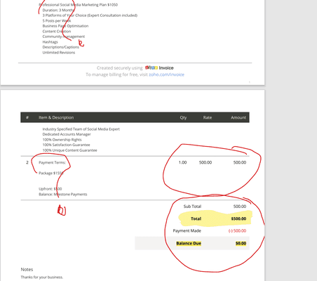 Note the zero balance after i paid the agree $500.00 for the website design. They added SMM as if we had an agreement.