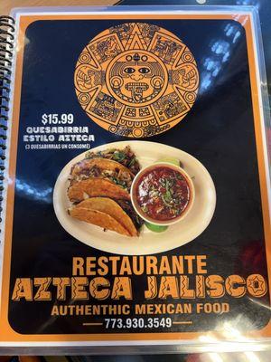 Front cover of menu