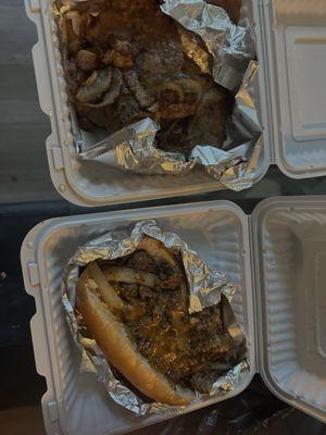 Smothered pork chop and Steak and Cheese Sub