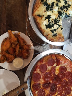 Spinach and Feta, Pepperoni Pizzas. Mild wings