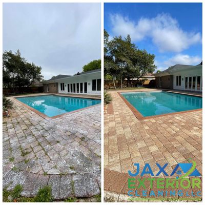 Pool area paver sealing with our color enhancing wet look sealer