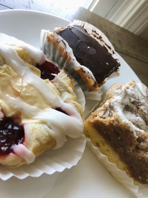 Cheese pie (danish), peanut butter brownie, coffee crumb cake