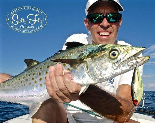 Time to fish! L & S Mirrolure Pro Staff Capt. Russ uses The Heavy Dine model lures. Barrett Hahn poses here with the business end for proof.