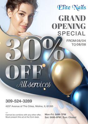 Join our grand opening special 

Our Address:  4237 Avenue of The Cities, Moline, IL 61265
Our Phone: 309-524-3289