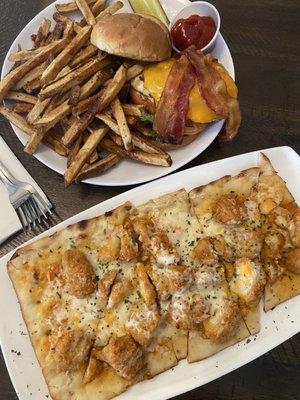 Grilled chicken club sandwich and buffalo chicken flatbread