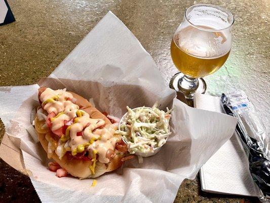 The France 4 - hot dog w/ yellow mustard, thousand island dressing, onions, beer cheese, bacon & tomatoes + side (cole slaw) $8 July 2021