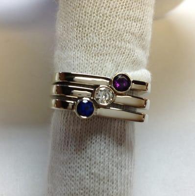 custom order, set of 3 stack rings, updated mothers ring design. bezel set amethyst, diamond & sapphire