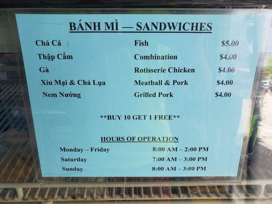 Banh Mi Menu as of 8/3/19