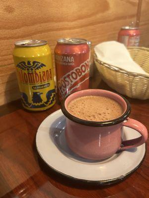 Colombiana (similar to a cream soda), and Manzana Postobon (sweet apple soda), and traditional Colombian Chocolatè (hot chocolate)