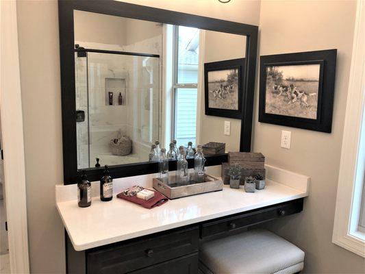 Silestone Blanco Maple quartz make-up vanity