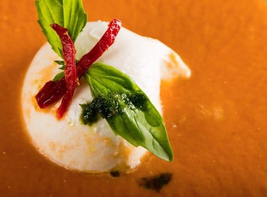 Tomato soup with a dried tomato and basil filled Burrata! Yum!!