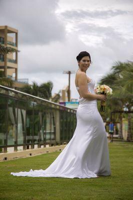 Side view of Olivia C. Custom Silk Charmeuse gown.