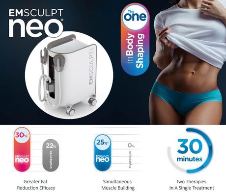 EMSCULPT NEO incorporates muscle stimulation and radio frequency for permanent fat reduction and skin tightening.