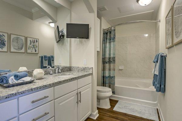 Double sink vanities and oversized garden tubs.