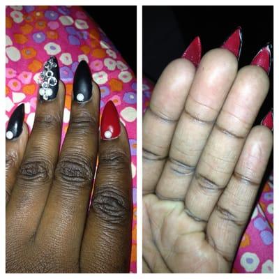 Black Matte Nails with Red Bottom. With a mix of rhinestones and pearls .. by Andrew