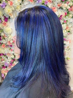 Complete hair transformation: Blue balayage, cut, and style by Bushra