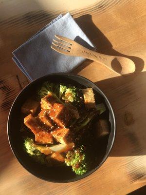 Tofu (vegan) bowl (spicy). Brought my own cloth napkin and utensils to reduce waste.