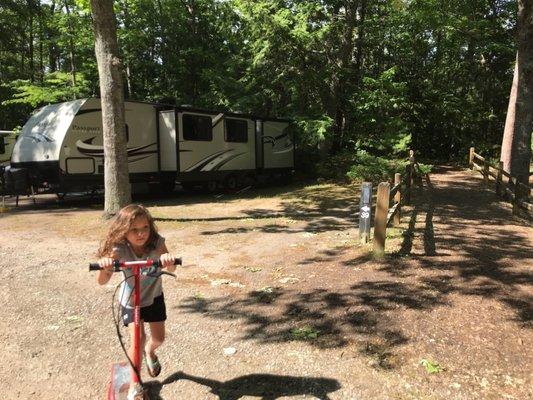 Site #39 is perfect! Level ground, mostly shade, across from bathroom and shower, next to trail path to beach and park.