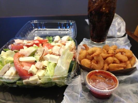 To-go Order of a Chef Salad and Shrimp.