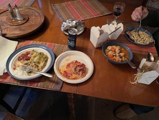 Enchiladas, lasagna, albondigas soup, Asian pasta salad.