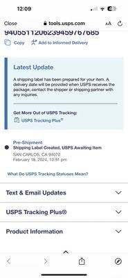 Tracking info that's still sitting there. Never sent the package but this thief claims he did.