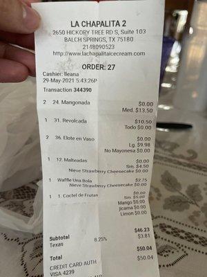 Receipt showing proof of purchase, server, time and date.