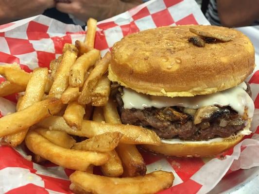 Mushroom Swiss burger with garlic fries